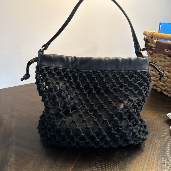 Elizabeth and James Black Leather and Rope Mesh Market Shoulder Bag