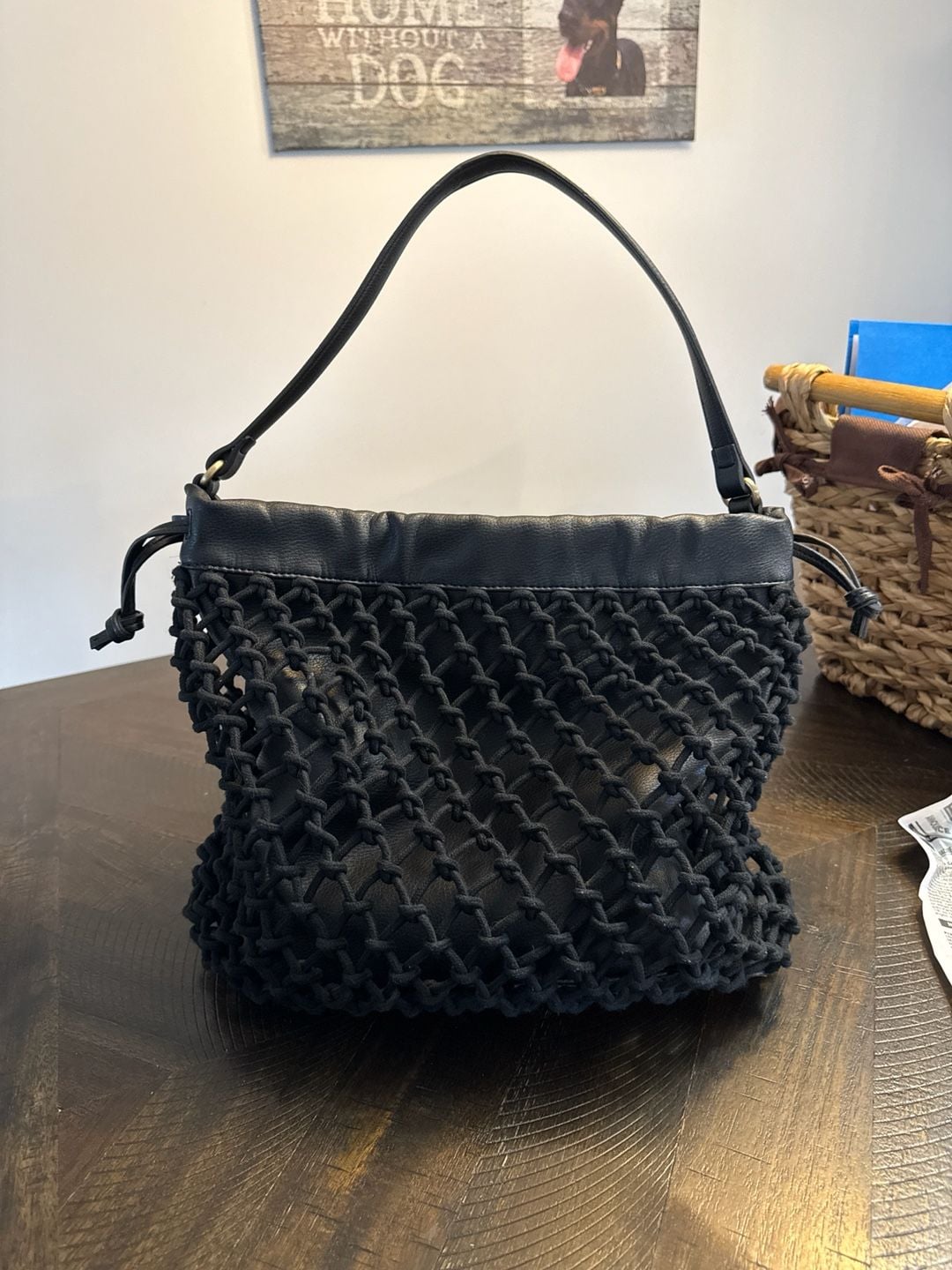 Elizabeth and James Black Leather and Rope Mesh Market Shoulder Bag 3