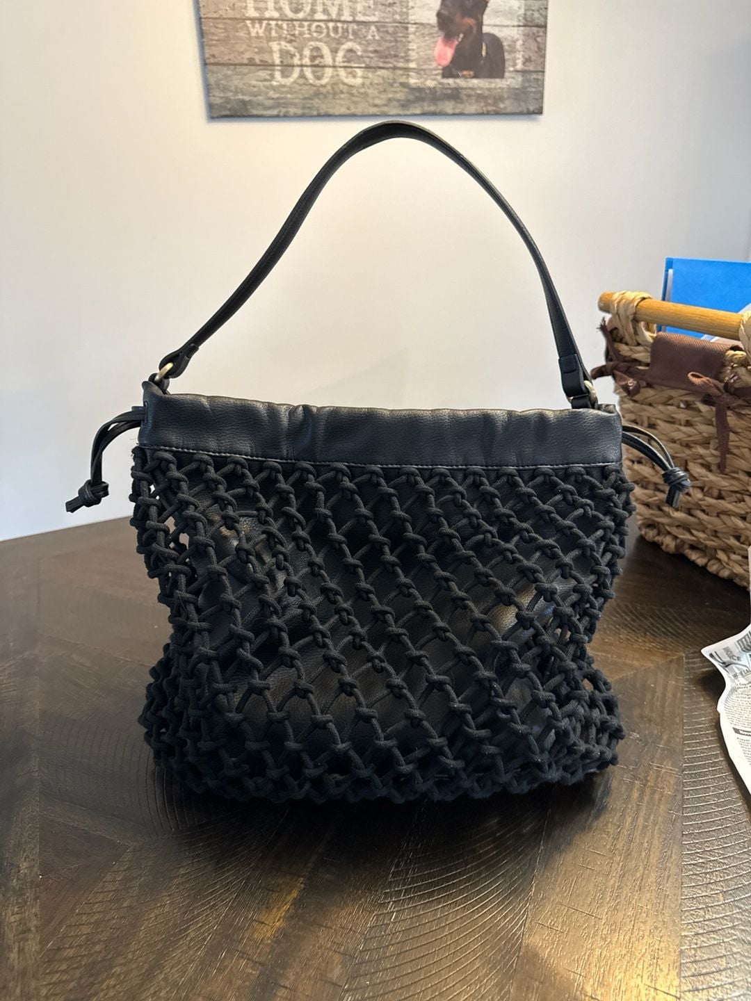 Elizabeth and James Black Leather and Rope Mesh Market Shoulder Bag 5