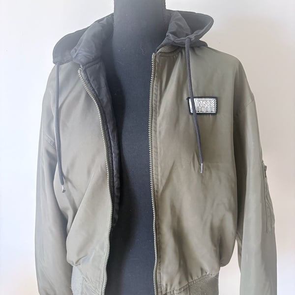Vans Women's Boom Hood Army Green Bomber Jacket with Black Hoodie Size XS