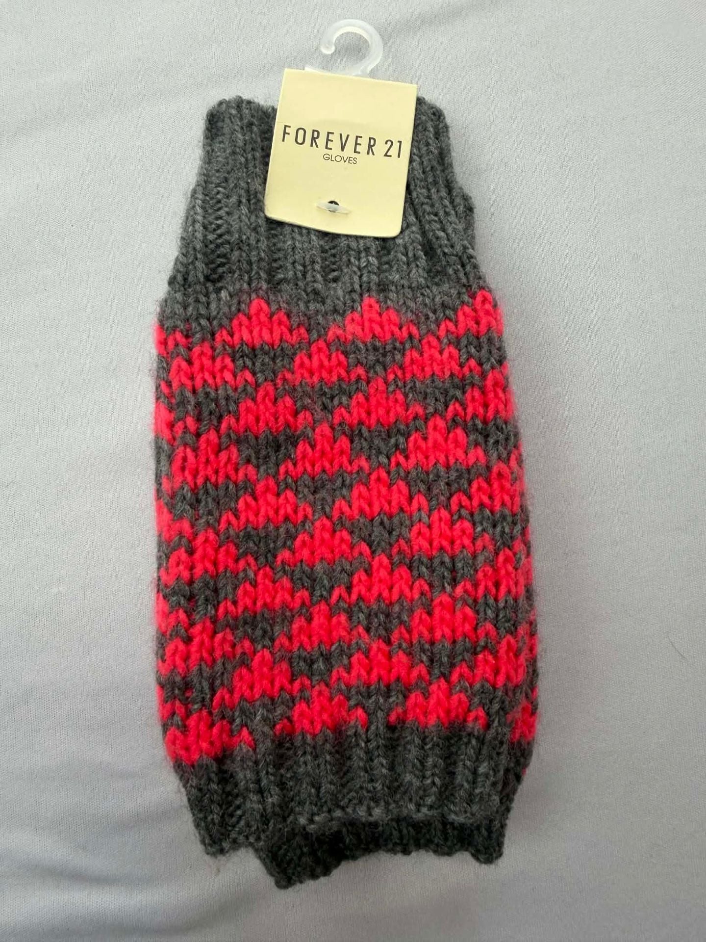 Forever 21 Grey & Neon Coral Knit Fingerless Gloves Arm Warmers 2
