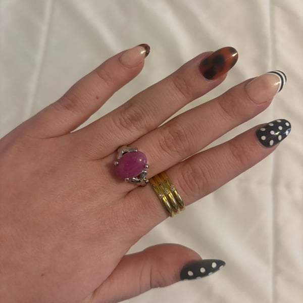 Oval Synthetic Ruby Cabochon Silver Tone Cocktail Ring