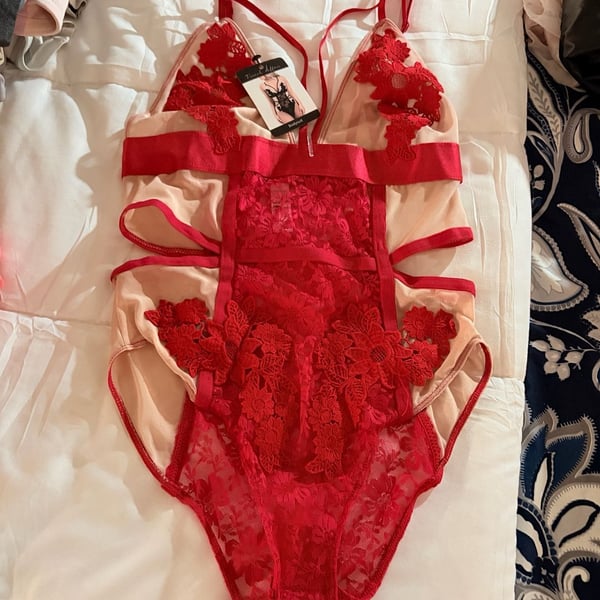 French Affair Ski Patrol Nude Lace Cut Out Bodysuit NWT