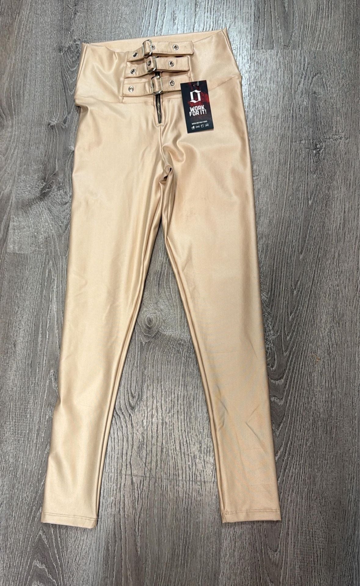 Omoida Work For It High Waisted Metallic Gold Faux Leather Buckle Leggings 2