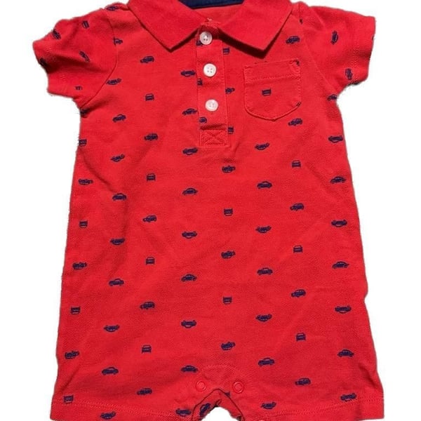 Carter's Baby Boy 6M Red Polo Romper with Blue Car Pattern