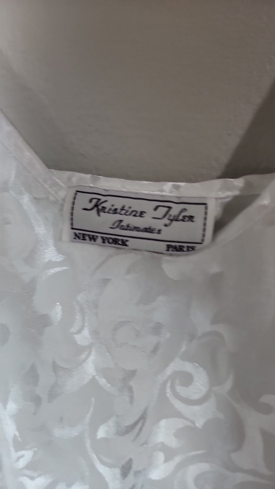 Vintage Kristine Tyler Intimates White Floral Jacquard Satin Slip Nightie 4