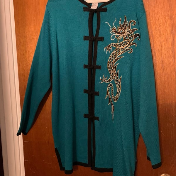 Vintage Bob Mackie Wearable Art Teal Dragon Embroidered Cardigan Sweater Size 1X