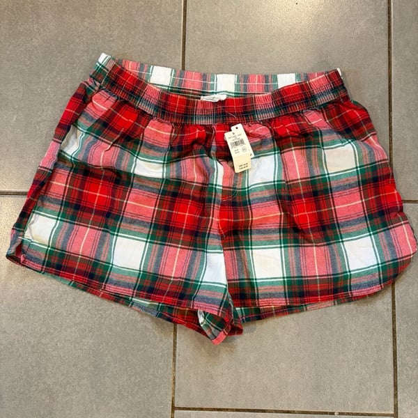 Aerie Women's Red and Green Plaid Flannel Pajama Boxer Shorts