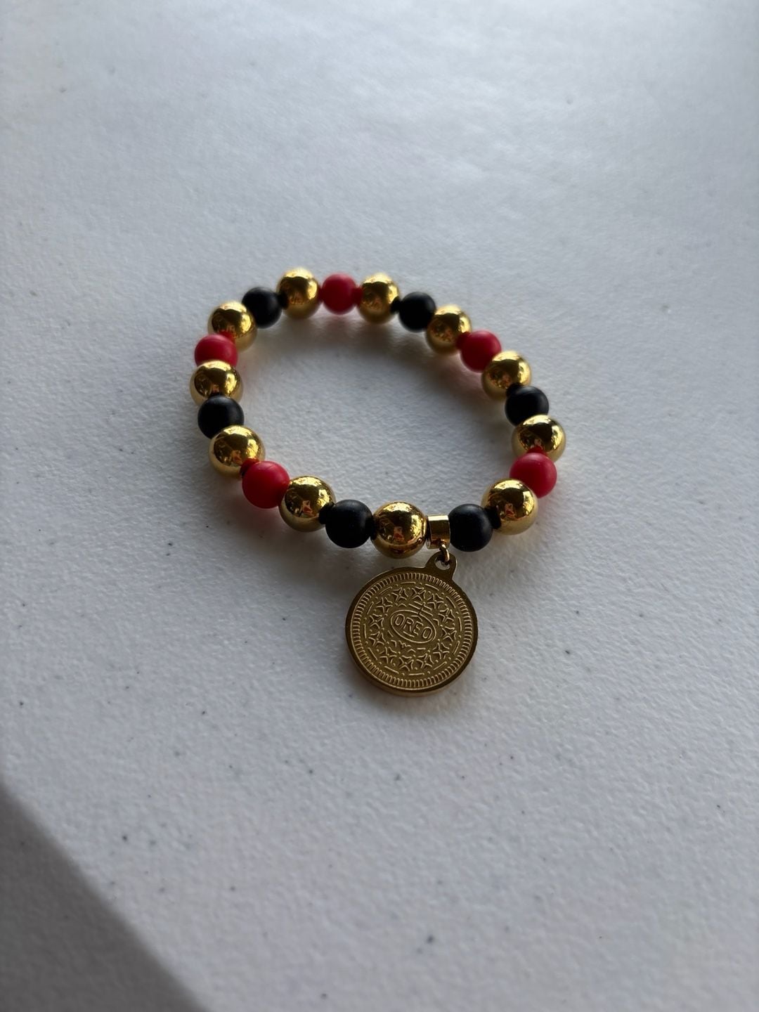 Rustic Cuff Red Black and Gold Beaded Oreo Charm Stretch Bracelet 2