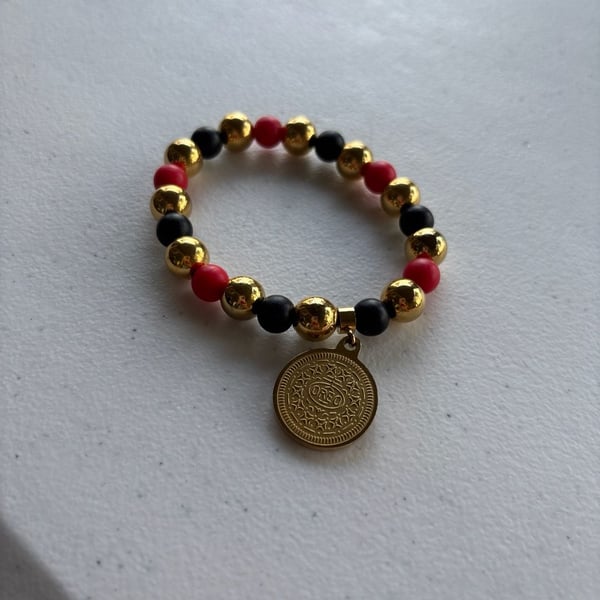 Rustic Cuff Red Black and Gold Beaded Oreo Charm Stretch Bracelet