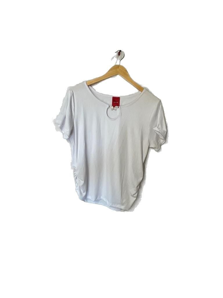 Fashion of New York White Ribbed Ruched Maternity Top with Rhinestone Butterfly Keyhole 2