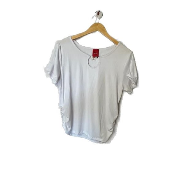 Fashion of New York White Ribbed Ruched Maternity Top with Rhinestone Butterfly Keyhole