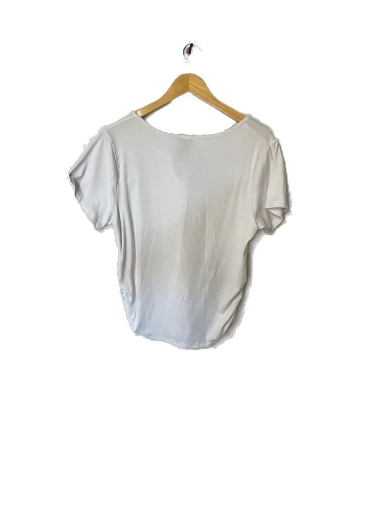 Fashion of New York White Ribbed Ruched Maternity Top with Rhinestone Butterfly Keyhole 3