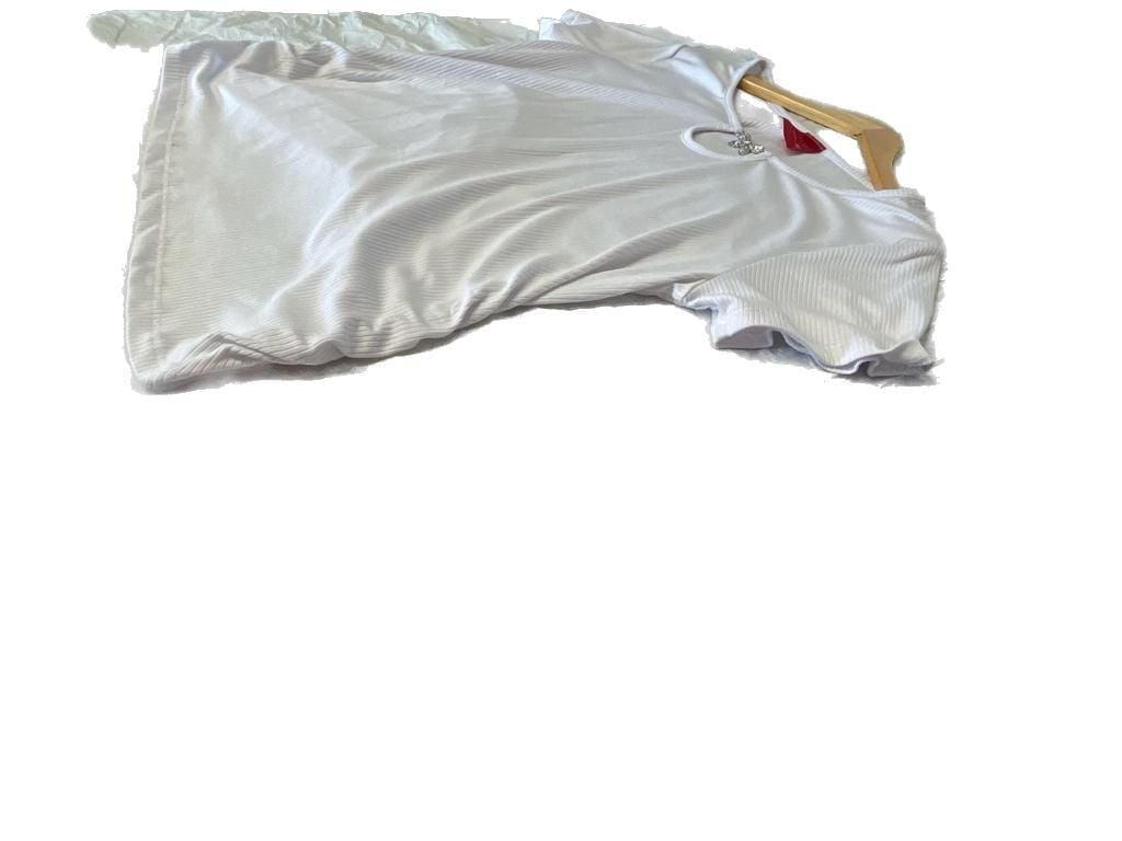 Fashion of New York White Ribbed Ruched Maternity Top with Rhinestone Butterfly Keyhole 4