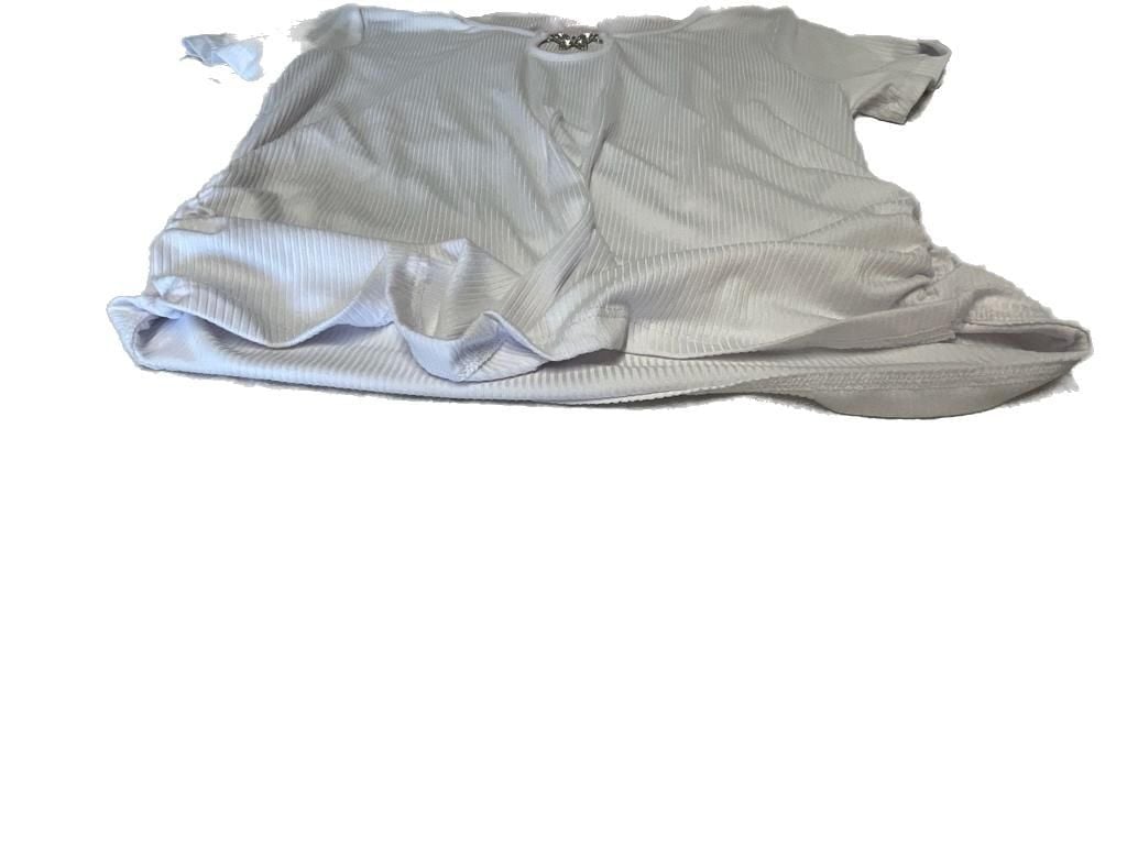Fashion of New York White Ribbed Ruched Maternity Top with Rhinestone Butterfly Keyhole 6