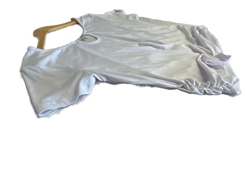 Fashion of New York White Ribbed Ruched Maternity Top with Rhinestone Butterfly Keyhole 7