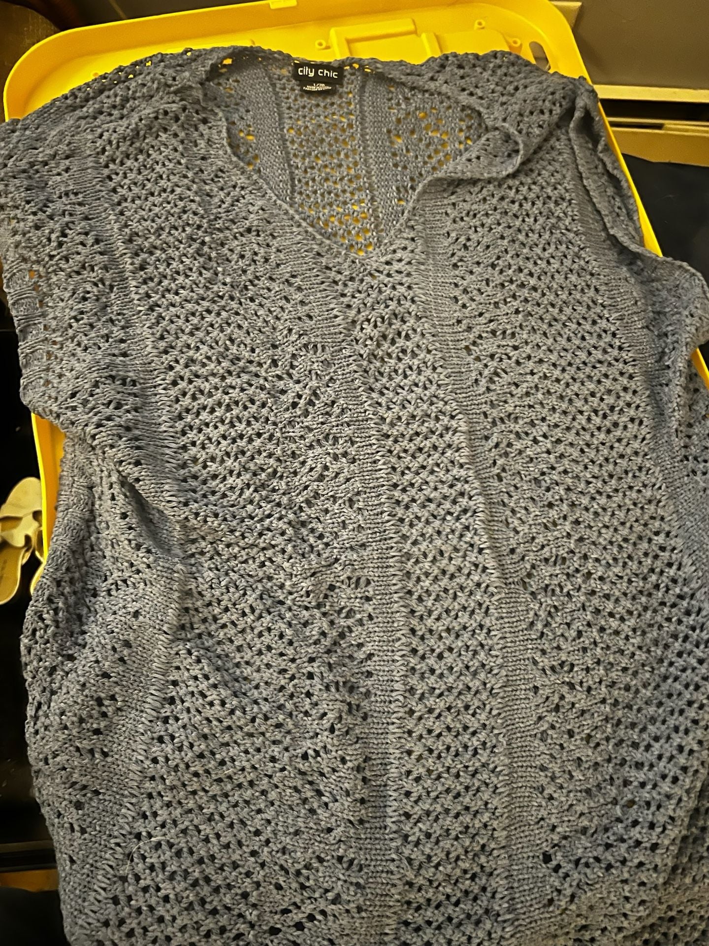 City Chic Plus Size Blue Crochet Knit Hooded Poncho Sweater Vest 2
