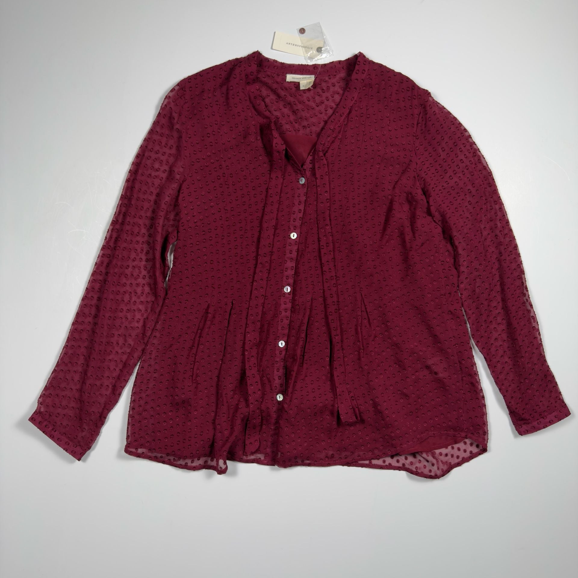 NWT Anthropologie Meadow Rue Burgundy Silk Clip Dot Tie Neck Blouse 2