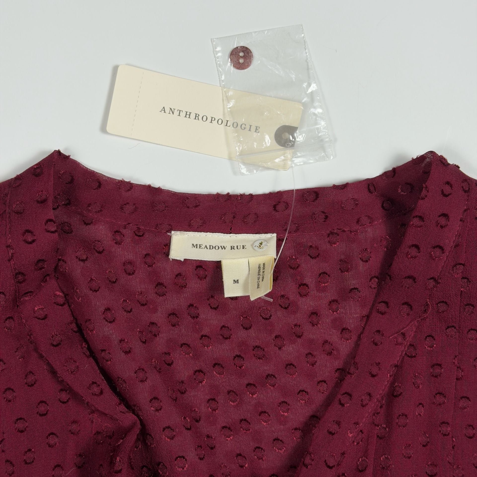 NWT Anthropologie Meadow Rue Burgundy Silk Clip Dot Tie Neck Blouse 4