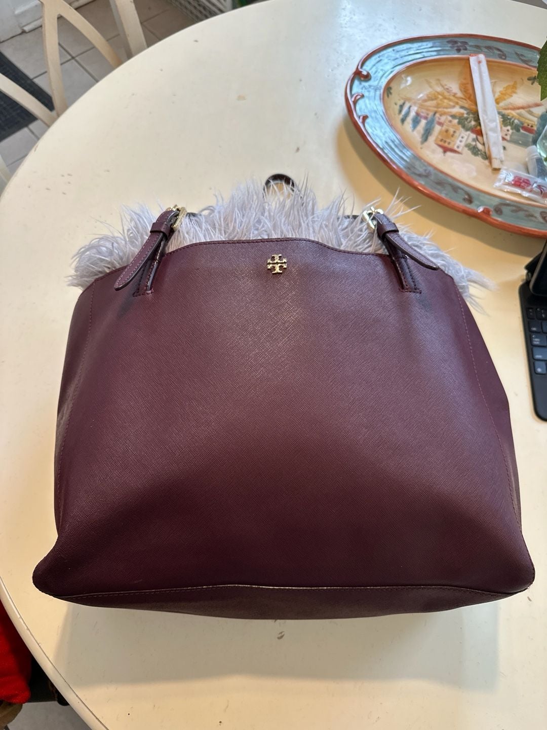 Tory Burch Emerson Saffiano Leather Tote Bag in Burgundy 2