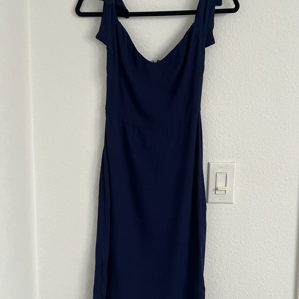 Reformation Ives Mini Dress in Navy Blue Tie Shoulder Cocktail Dress