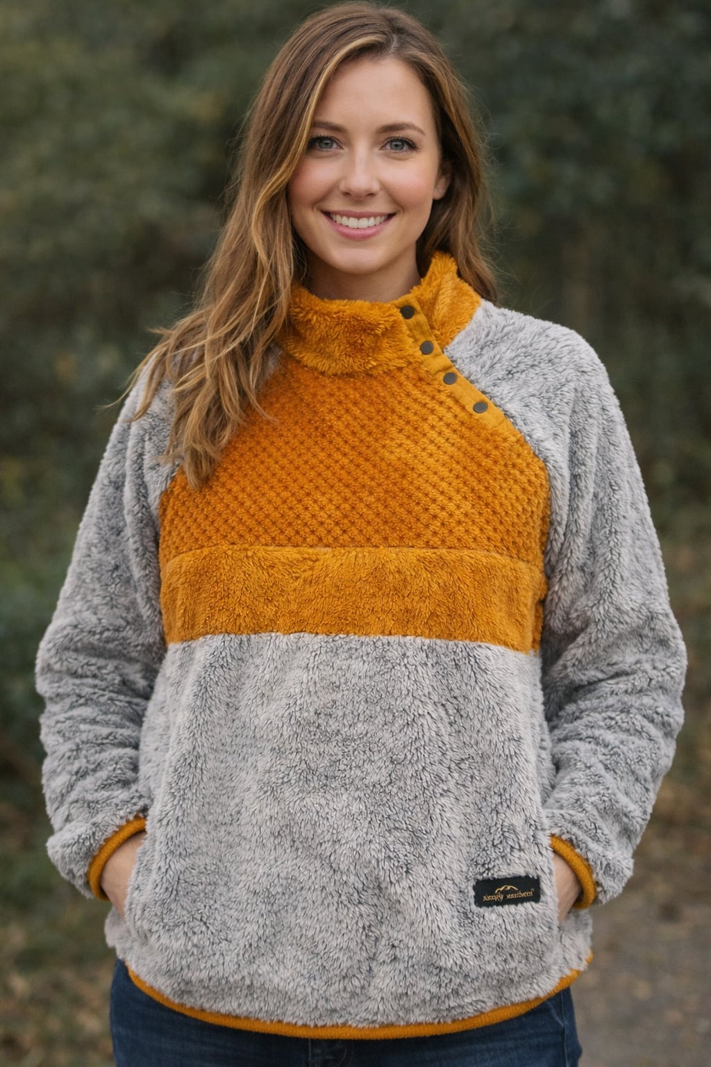 Simply Southern Gray and Mustard Yellow Sherpa Snap-Neck Fleece Pullover Unisex Size XL 2