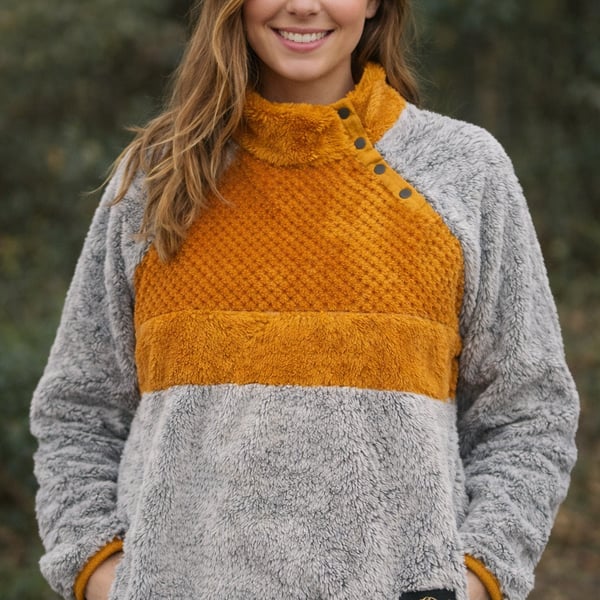 Simply Southern Gray and Mustard Yellow Sherpa Snap-Neck Fleece Pullover Unisex Size XL
