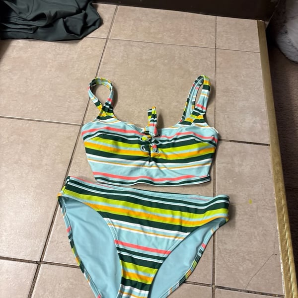 Aerie Real Good Striped Two-Piece Bikini Set with Lace-Up Front Detail