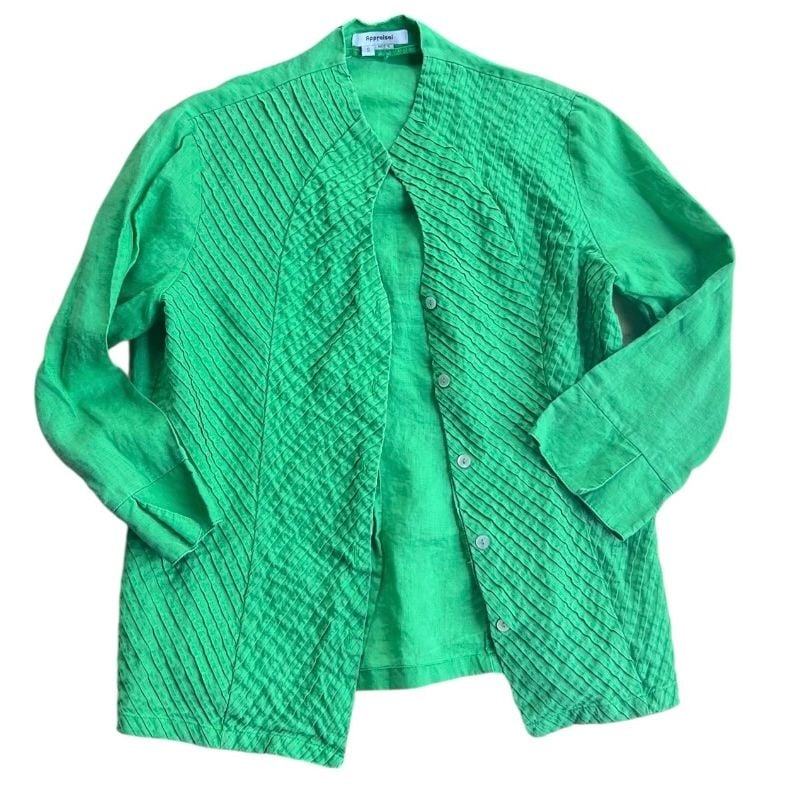 Appraisal Green 100% Ramie Pleated Button-Front Lightweight Jacket Size S 2