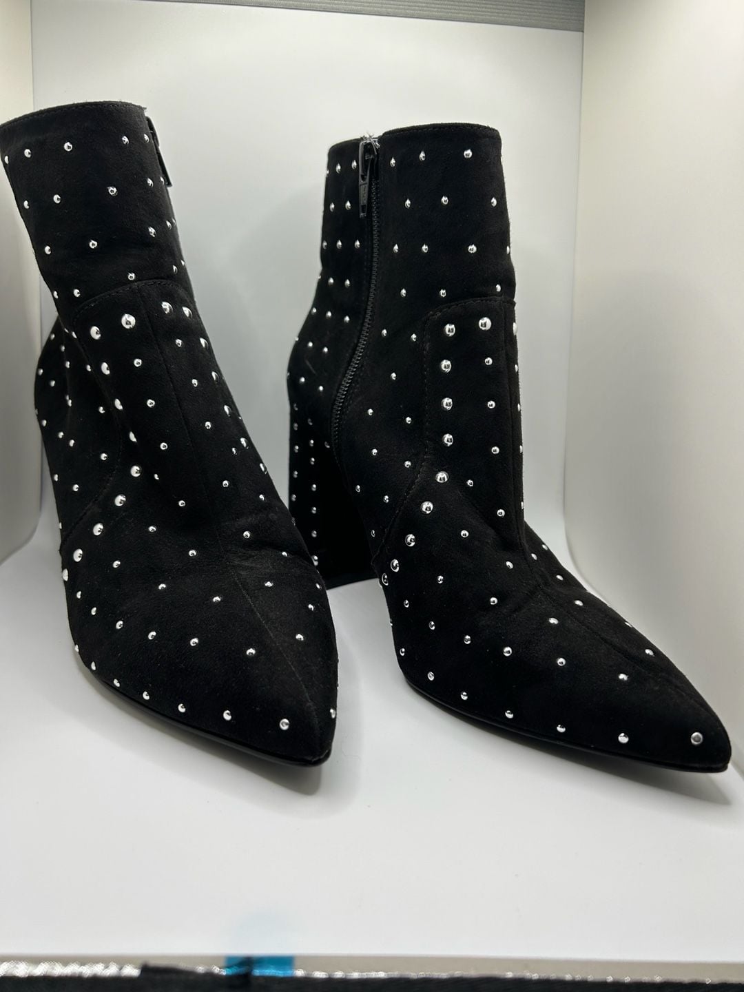 Gianni Bini Black Faux Suede Studded Pointed Toe Block Heel Ankle Boots 2