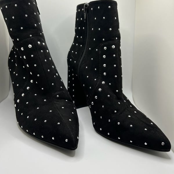Gianni Bini Black Faux Suede Studded Pointed Toe Block Heel Ankle Boots