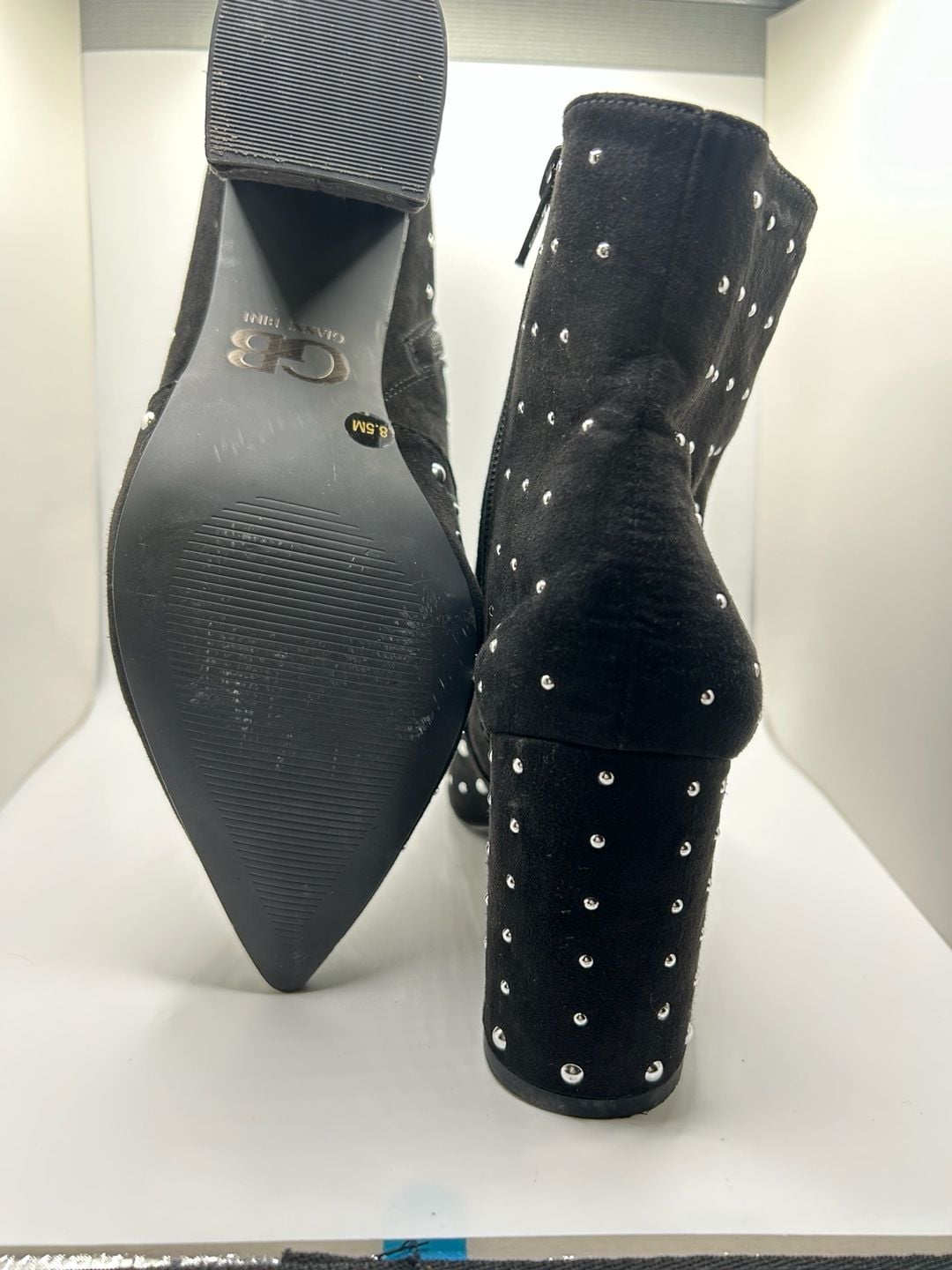 Gianni Bini Black Faux Suede Studded Pointed Toe Block Heel Ankle Boots 6