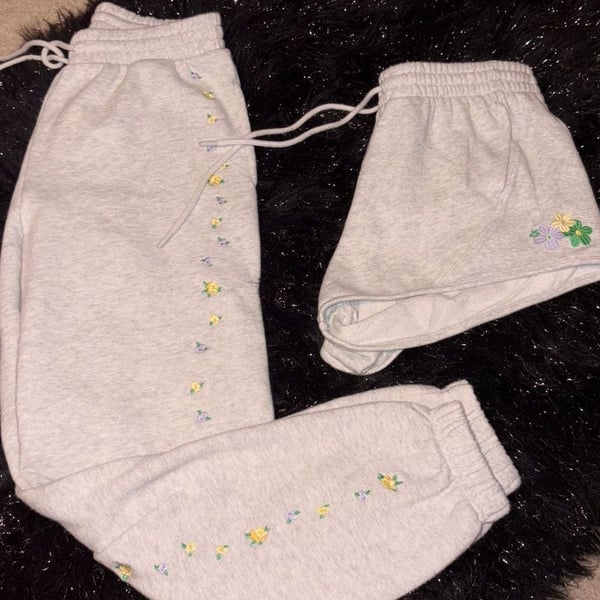 Victoria's Secret PINK Embroidered Floral Fleece Joggers and Shorts Lounge Set