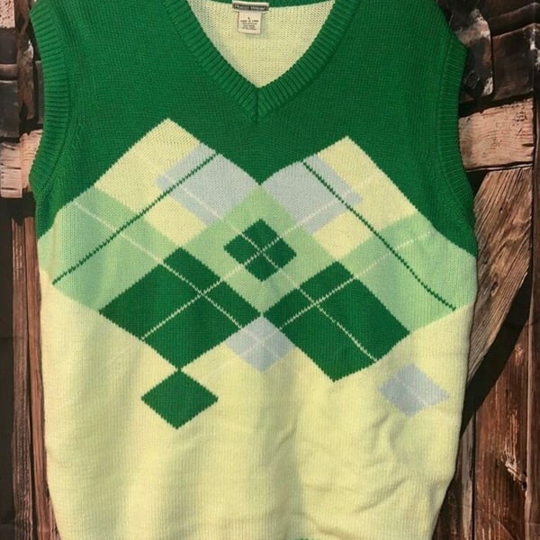 Vintage Rucci Wear Green Argyle Knit V-Neck Sweater Vest size Large color block