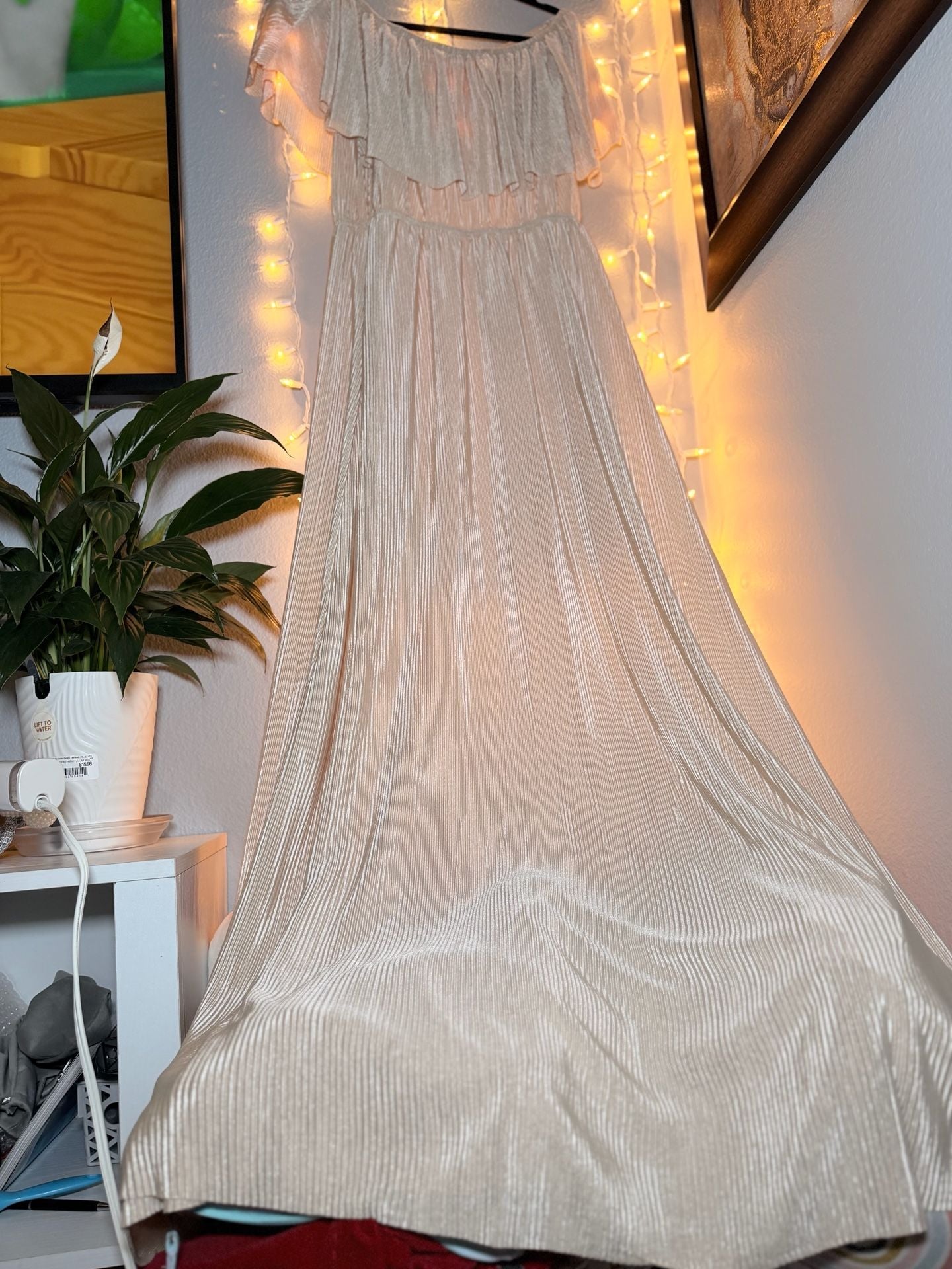 Bella Ella Boutique Slow Dancing Ribbed Off Shoulder Maxi Dress in Champagne 2