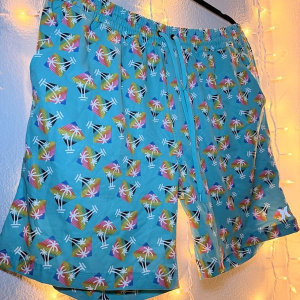 Hurley Men's Rainbow Palm Tree AOP Volley Swim Trunk Shorts Aqua XL