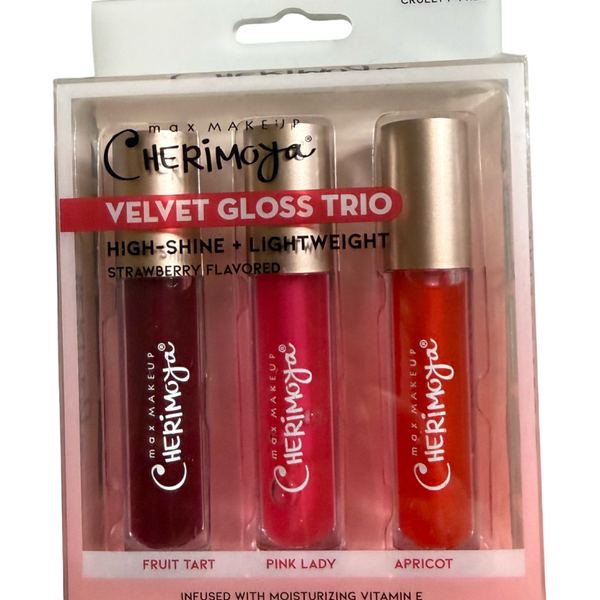 Max Makeup Cherimoya Velvet Gloss Trio High-Shine Strawberry 3-Piece Lip Gloss