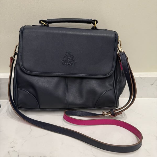 Vintage Tan Sac Navy Blue Leather Crest Satchel Crossbody Bag