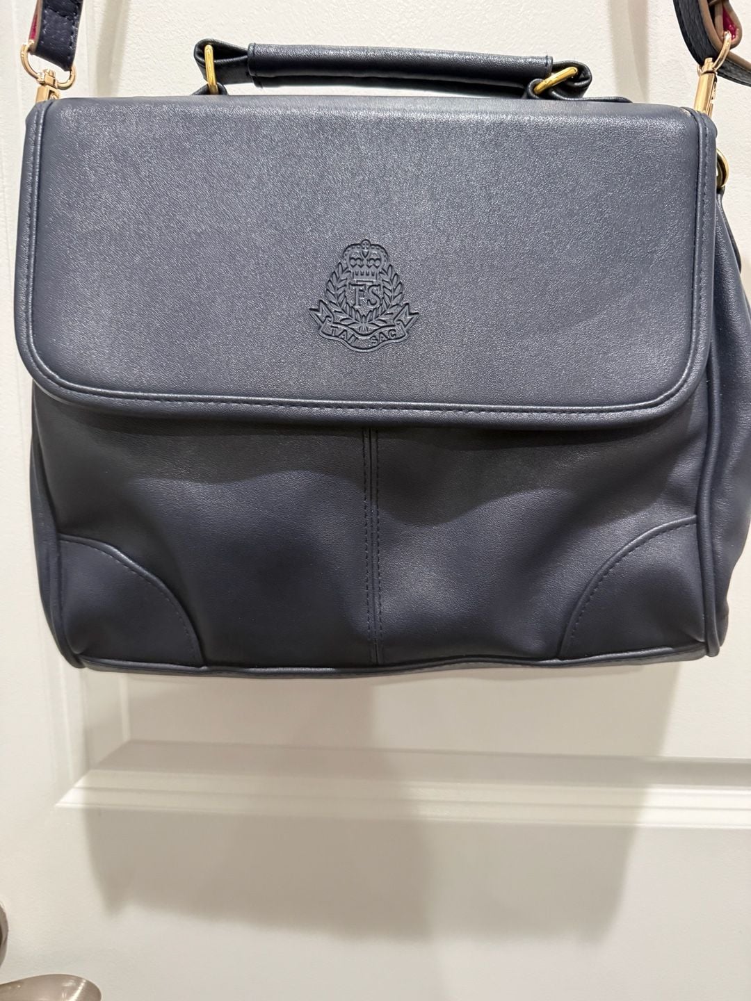 Vintage Tan Sac Navy Blue Leather Crest Satchel Crossbody Bag 10
