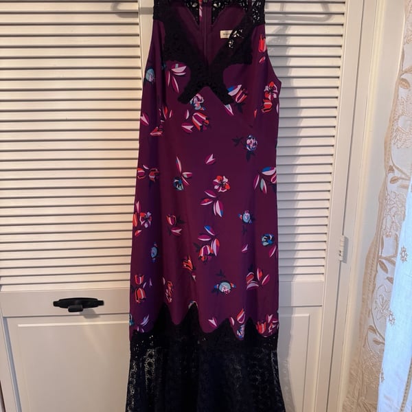 Rebecca Taylor Bellflower Print Purple Silk Midi Slip Dress with Black Floral Lace Trim
