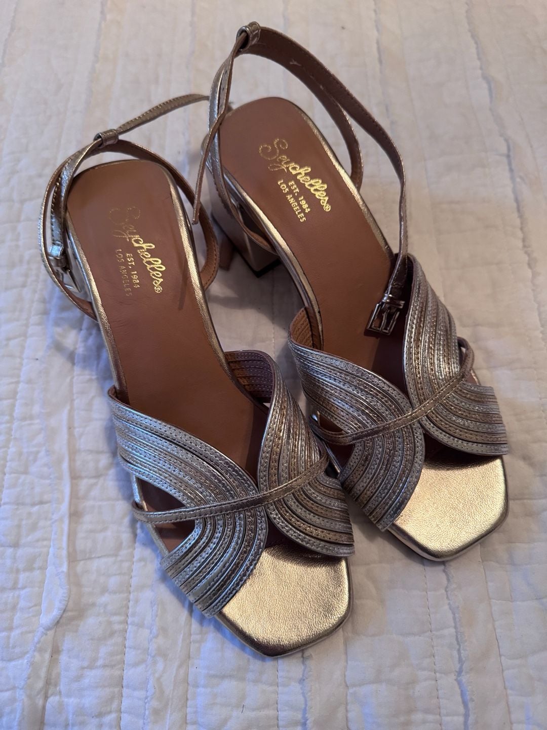 Seychelles Tender Metallic Gold and Silver Leather Ankle Strap Block Heel Sandals 2