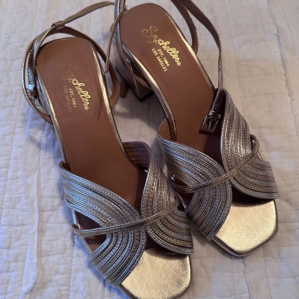 Seychelles Tender Metallic Gold and Silver Leather Ankle Strap Block Heel Sandals
