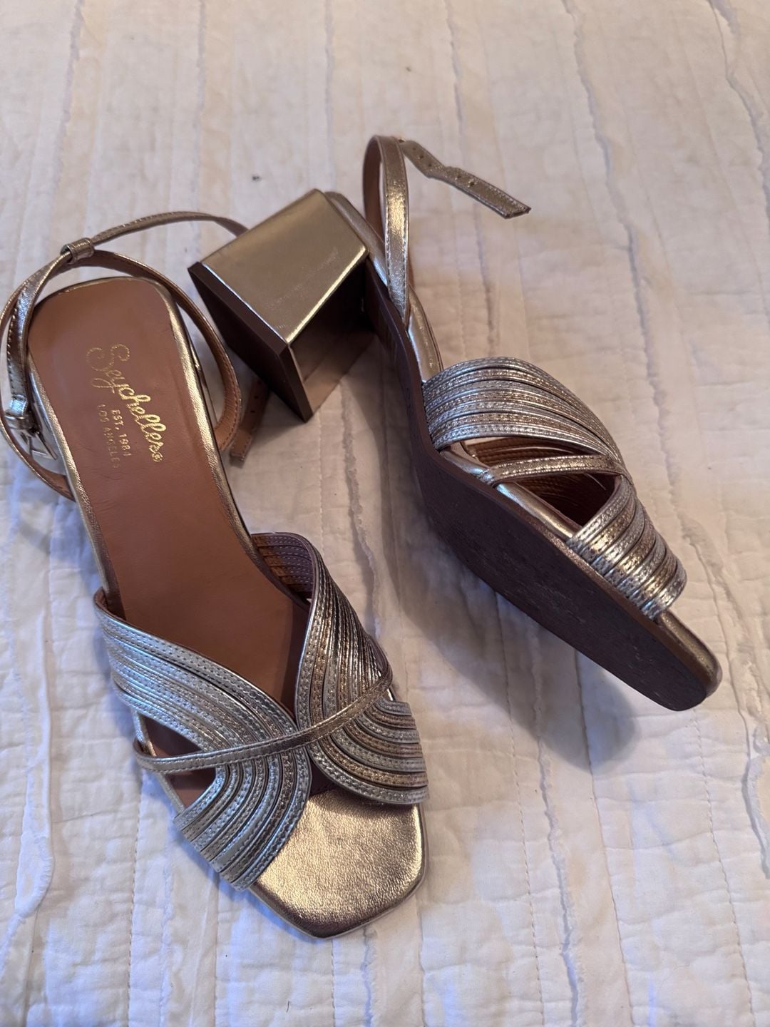 Seychelles Tender Metallic Gold and Silver Leather Ankle Strap Block Heel Sandals 3