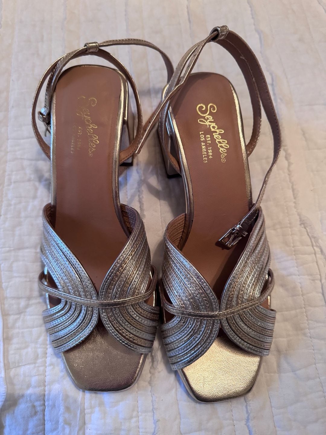 Seychelles Tender Metallic Gold and Silver Leather Ankle Strap Block Heel Sandals 4