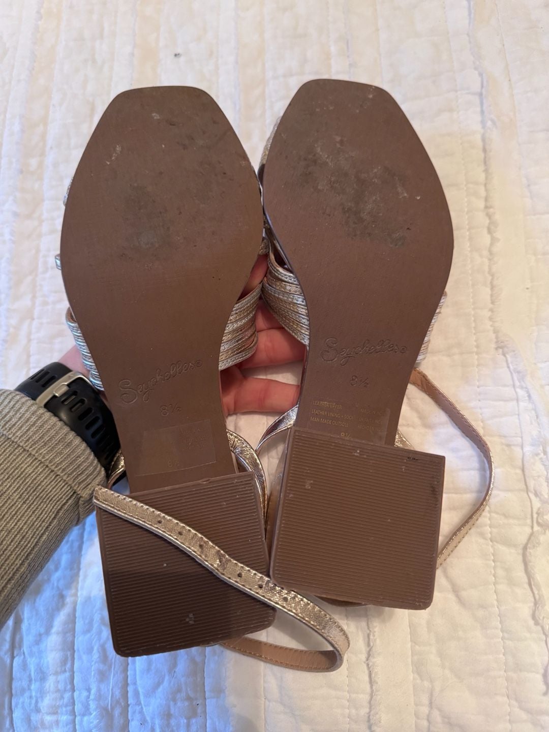 Seychelles Tender Metallic Gold and Silver Leather Ankle Strap Block Heel Sandals 5