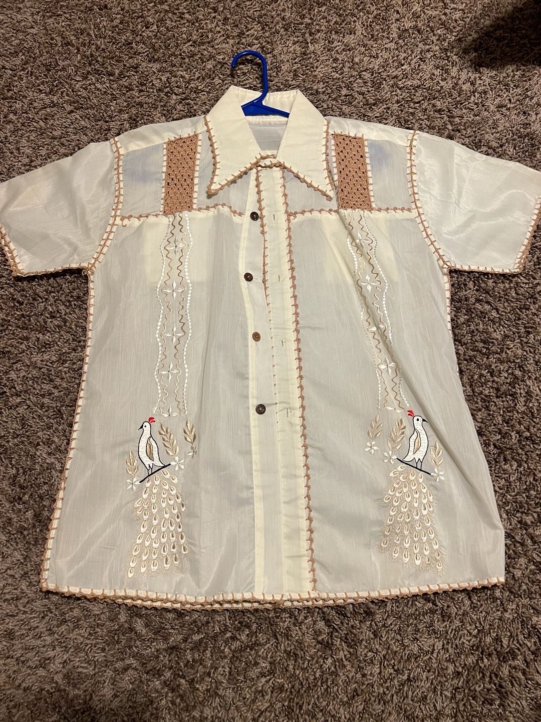 Vintage 60s Hand Crafted Sheer Embroidered Guayabera Style Shirt with Peacock Detail 2