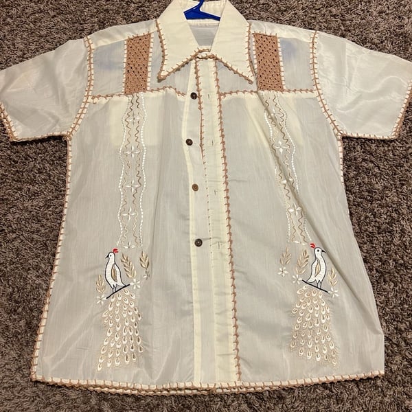 Vintage 60s Hand Crafted Sheer Embroidered Guayabera Style Shirt with Peacock Detail