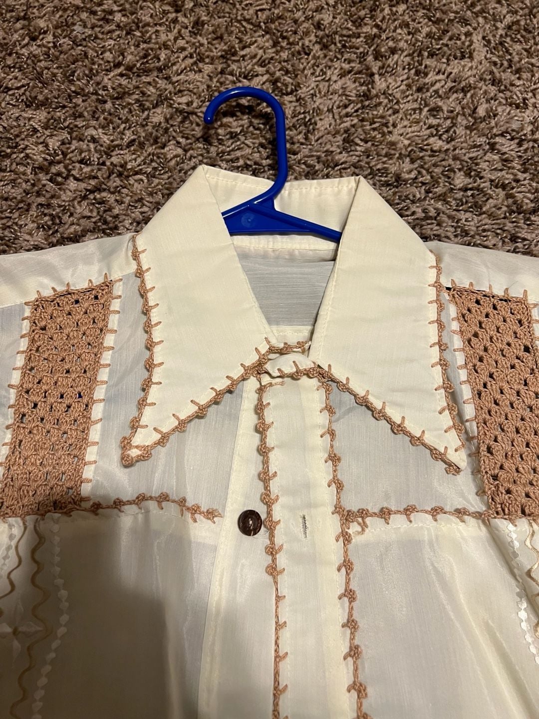 Vintage 60s Hand Crafted Sheer Embroidered Guayabera Style Shirt with Peacock Detail 4
