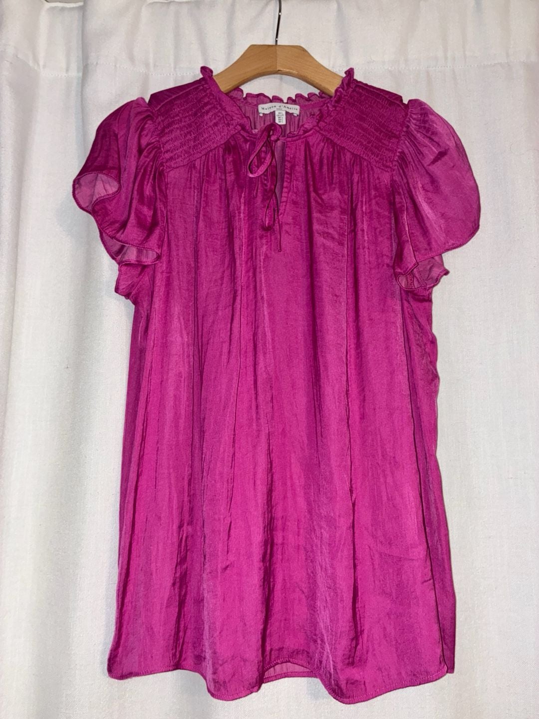 Maison d'Amélie Paris Magenta Pink Smocked Flutter Sleeve Tie Neck Blouse 2
