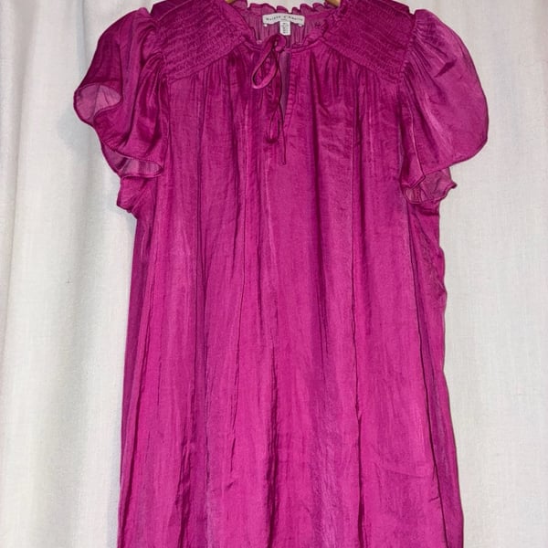 Maison d'Amélie Paris Magenta Pink Smocked Flutter Sleeve Tie Neck Blouse